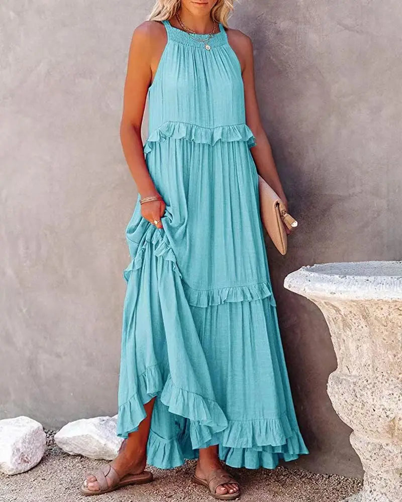 Women Casual Solid Ruffles Long Dress