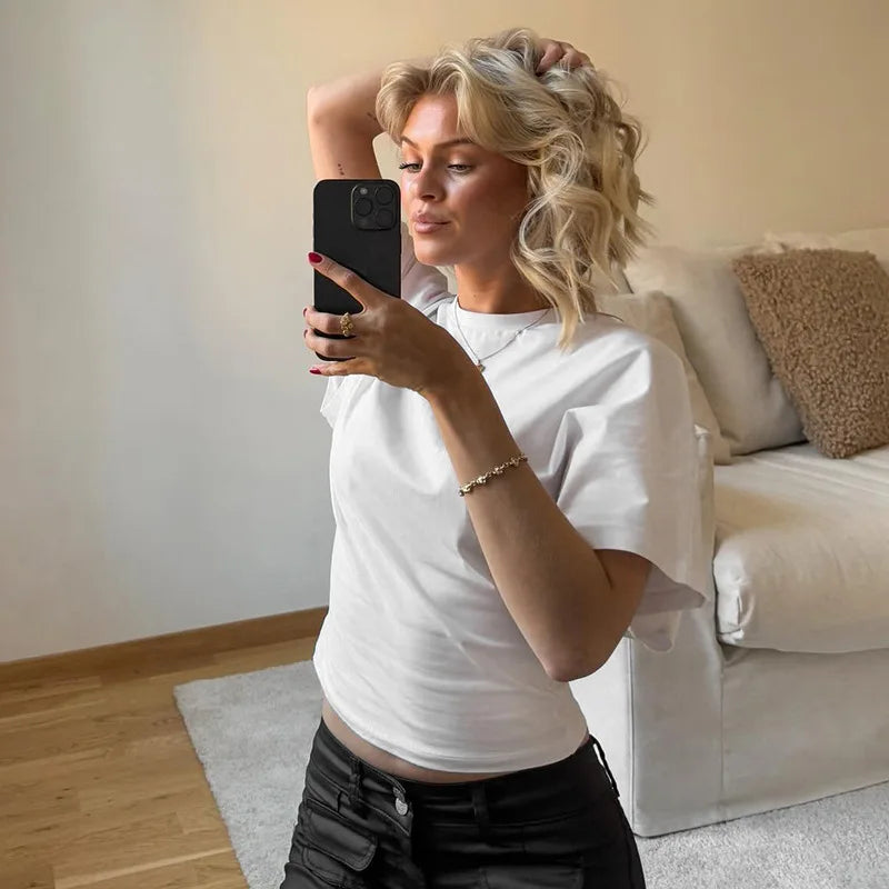 Fashion Casual Solid Gray Cropped T-shirt.