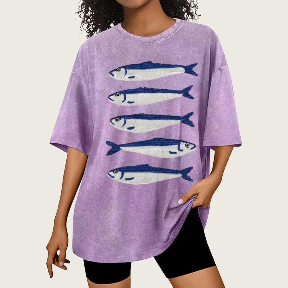Gojo Cartoon Salted Fish Print Women's Loose T-Shirt Oversized.
