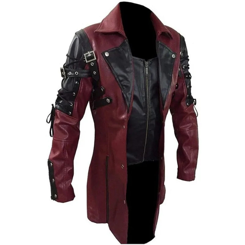 New Steampunk Men's Gothic Trench Coat Leather Jacket