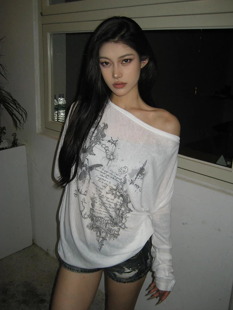 Yedinas Korean Fashion Graphic Tees Slightly Transparent T Shirt.