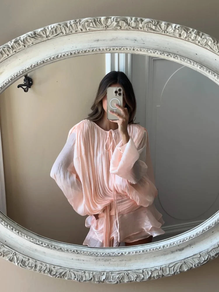 Summer Shiny Skinny Pleated Mini Dress.