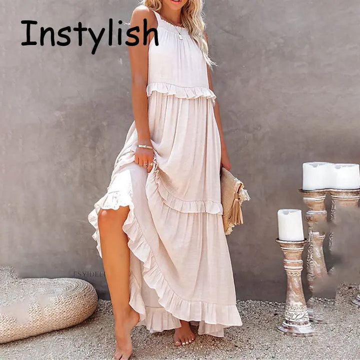 Women Casual Solid Ruffles Long Dress.