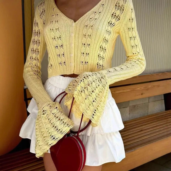 Spring Knitted Cardigan Female Solid V-Neck Hollow.