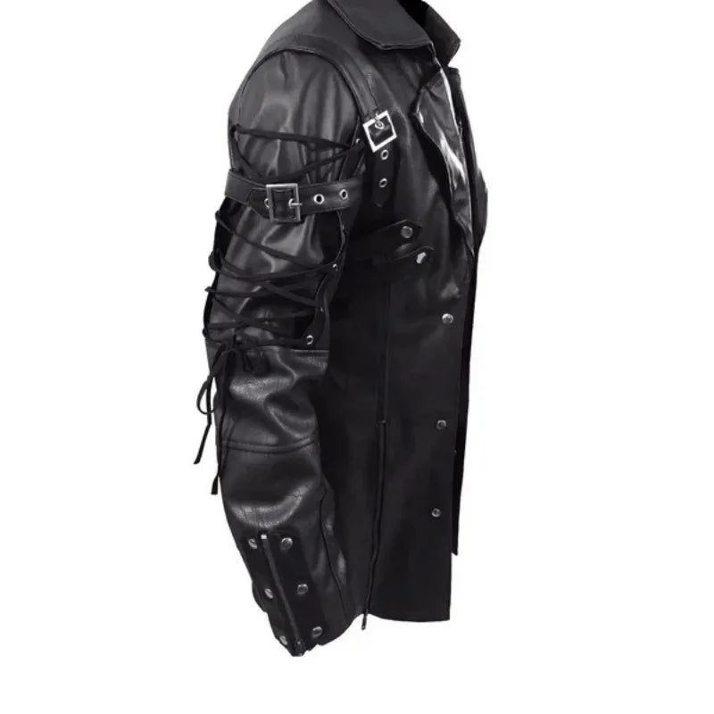 New Steampunk Men's Gothic Trench Coat Leather Jacket