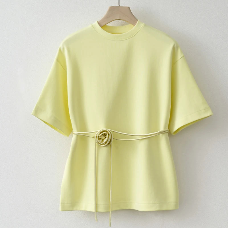 Summer Basic Yellow White Flower T shirt Top.