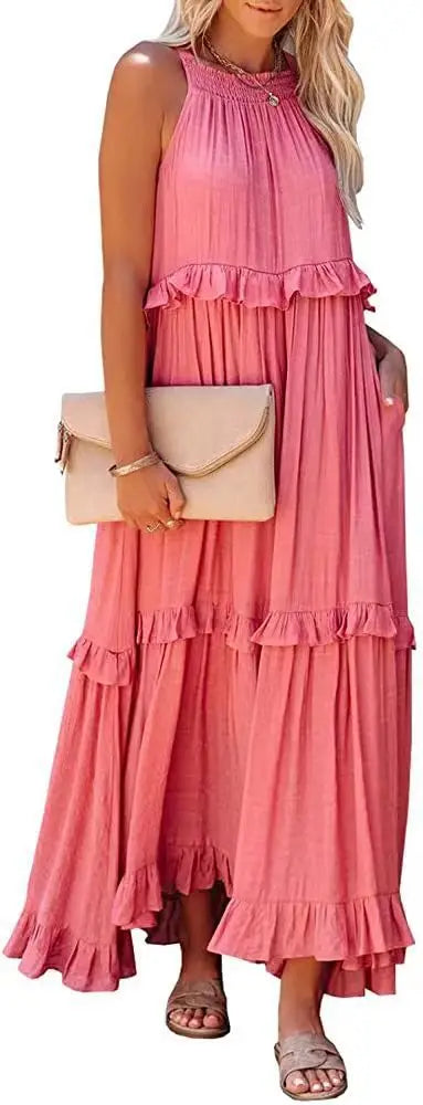 Women Casual Solid Ruffles Long Dress.