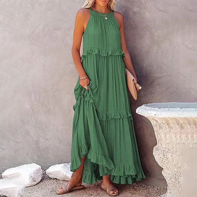 Women Casual Solid Ruffles Long Dress