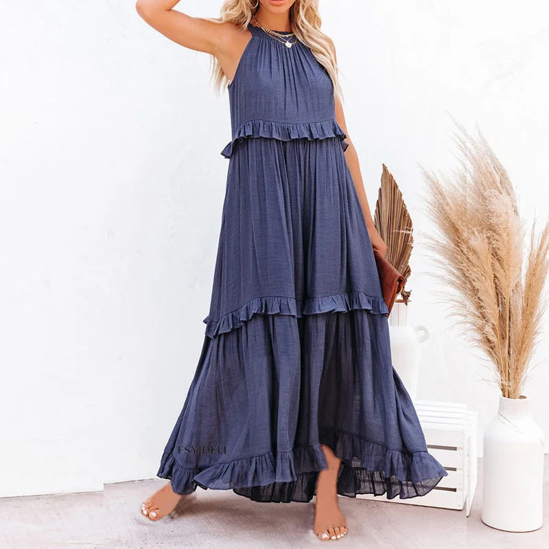 Women Casual Solid Ruffles Long Dress.