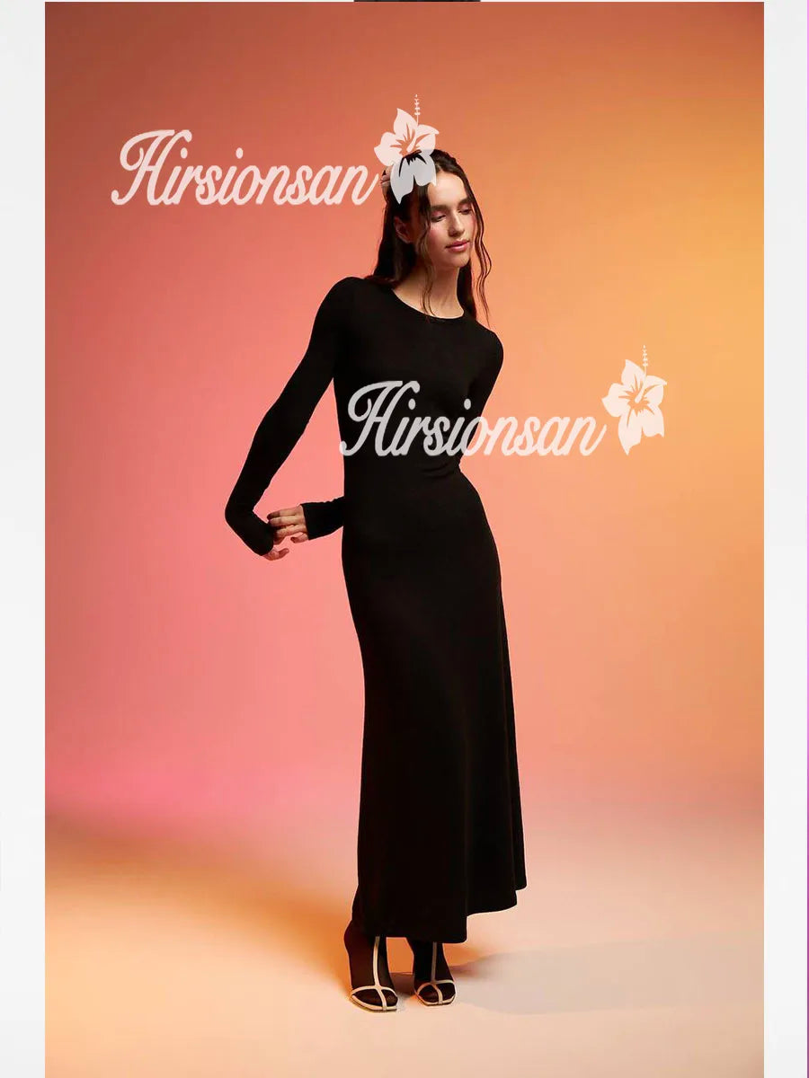Hirsionsan Spring Autumn O-Neck Elastic Knit Long Dresses Women.