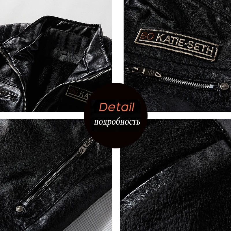 Leather Jacket Men Winter Fleece Motorcycle Faux