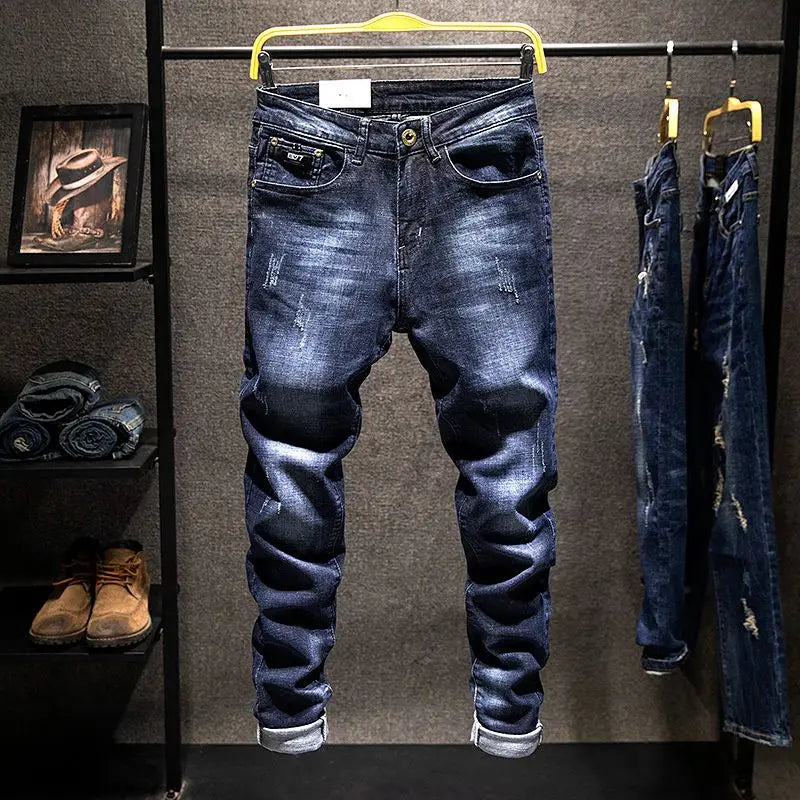 Men Ripped Worn-out Slim-fit Cotton Denim Pants