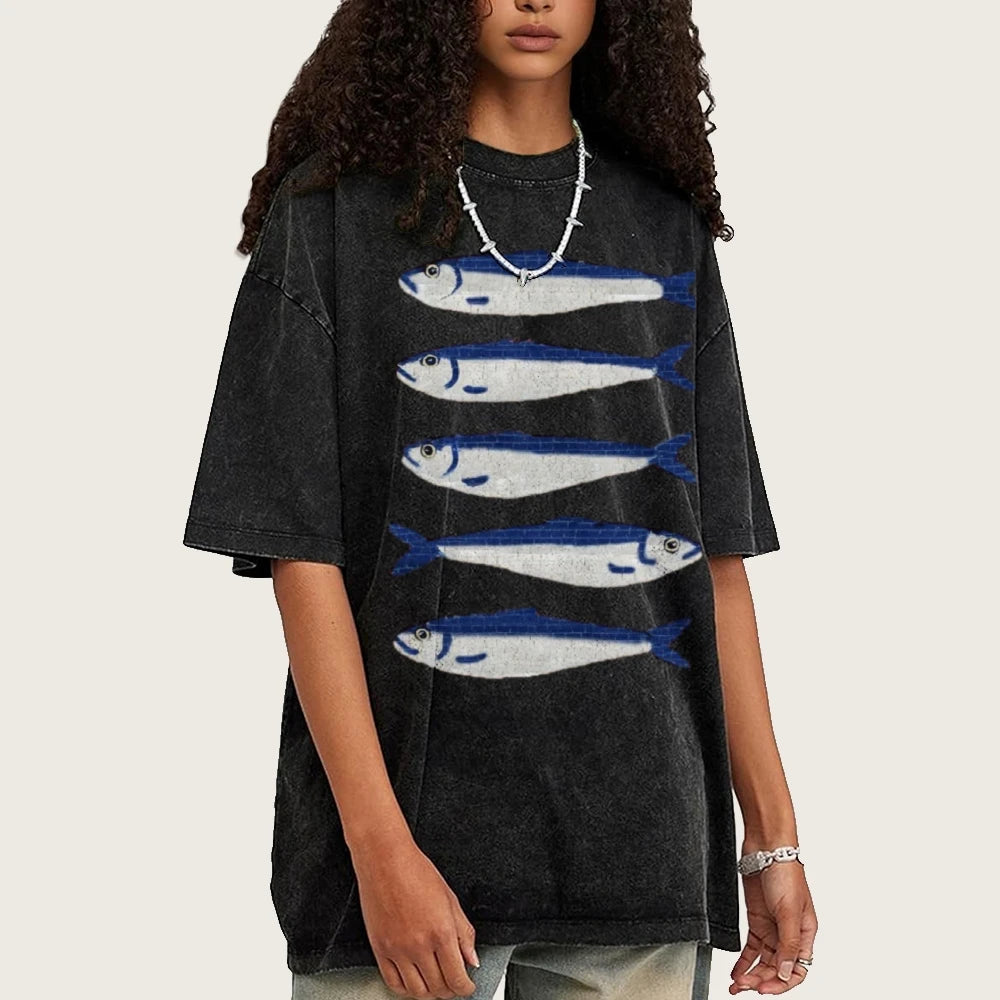 Gojo Cartoon Salted Fish Print Women's Loose T-Shirt Oversized.