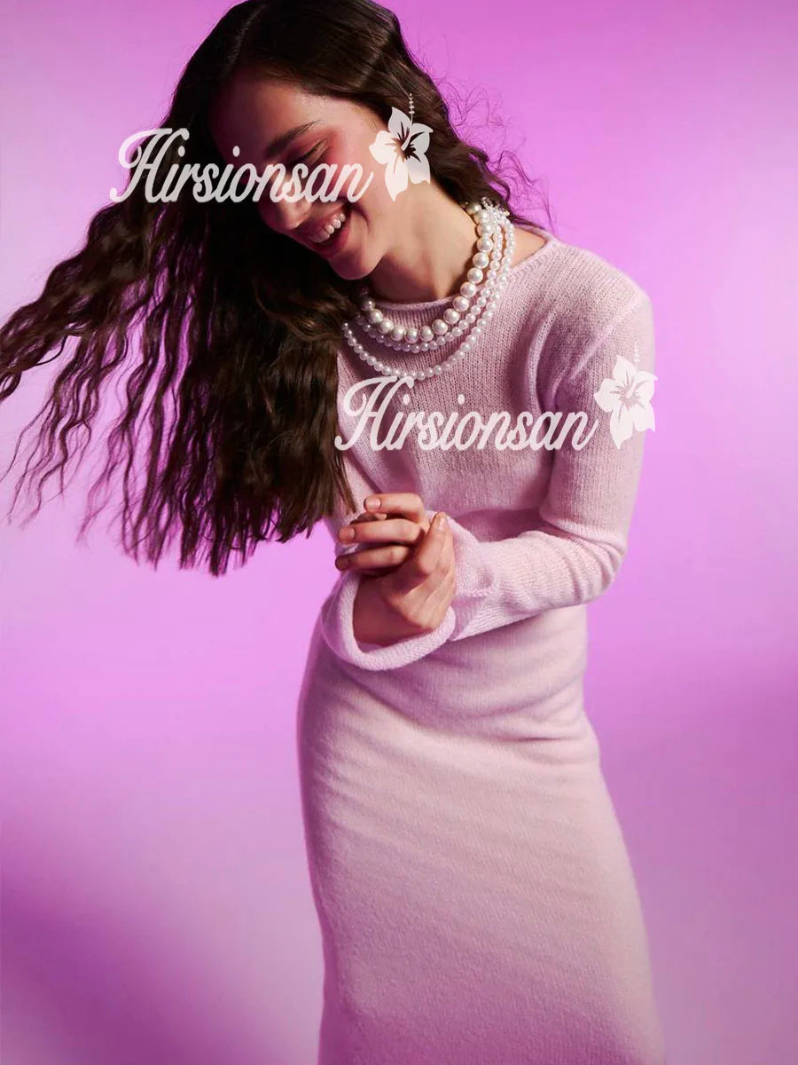 Hirsionsan Spring Autumn O-Neck Elastic Knit Long Dresses Women