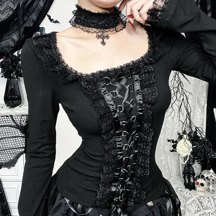 Goth Black Lace Trim Long Sleeve T-Shirts Vintage Sexy.
