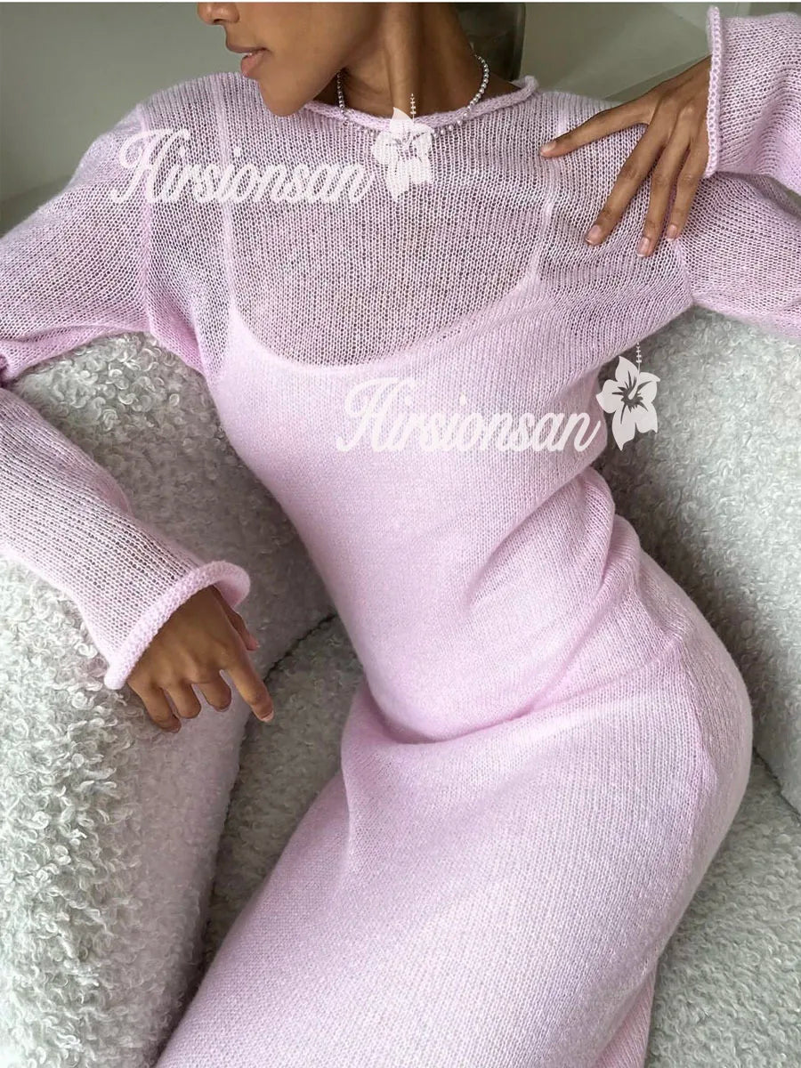 Hirsionsan Spring Autumn O-Neck Elastic Knit Long Dresses Women.