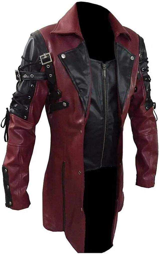 New Steampunk Men's Gothic Trench Coat Leather Jacket