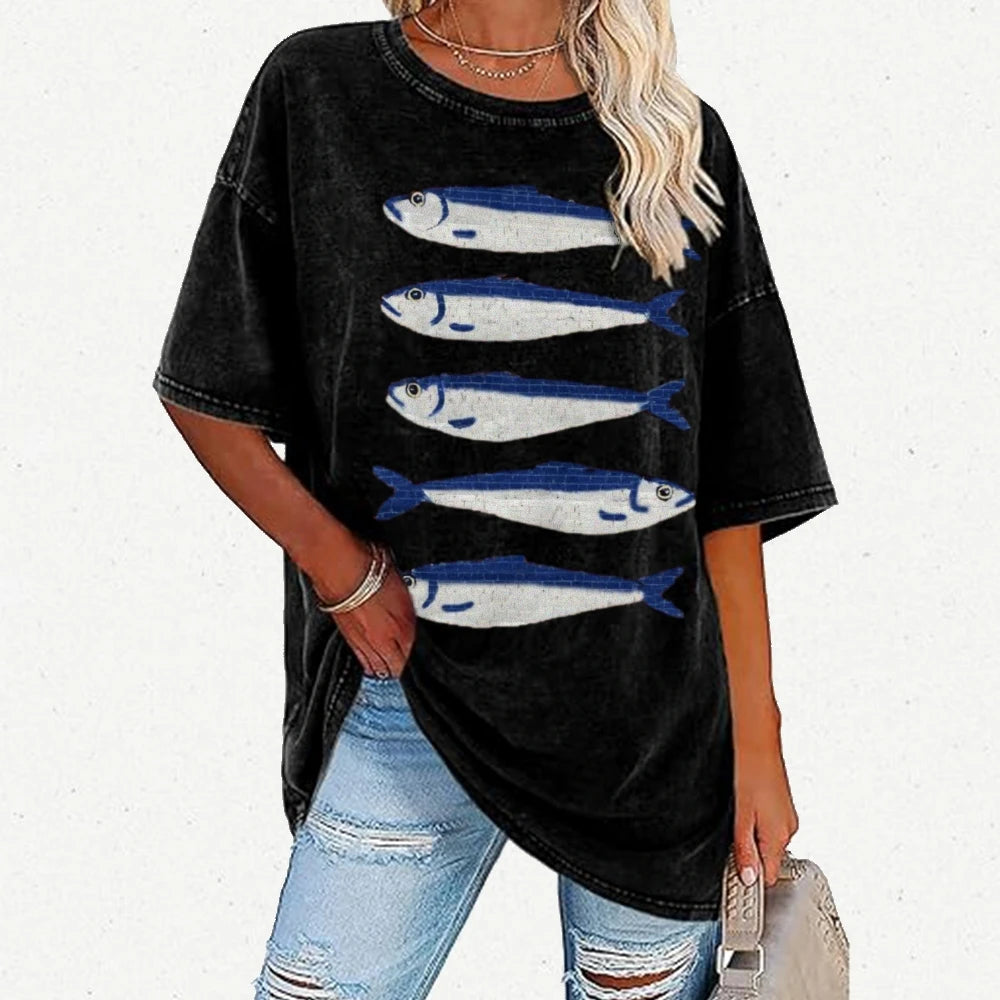 Gojo Cartoon Salted Fish Print Women's Loose T-Shirt Oversized.