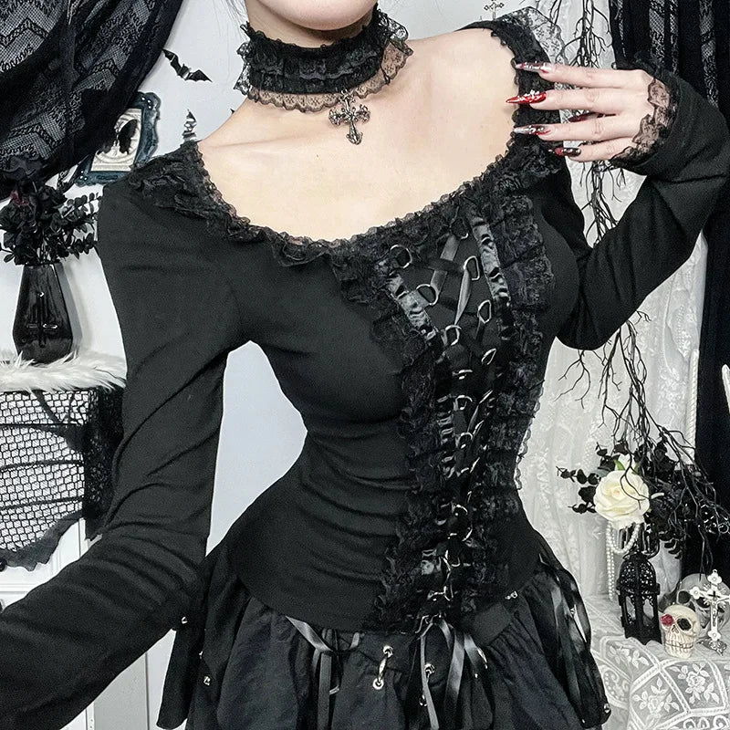 Goth Black Lace Trim Long Sleeve T-Shirts Vintage Sexy.