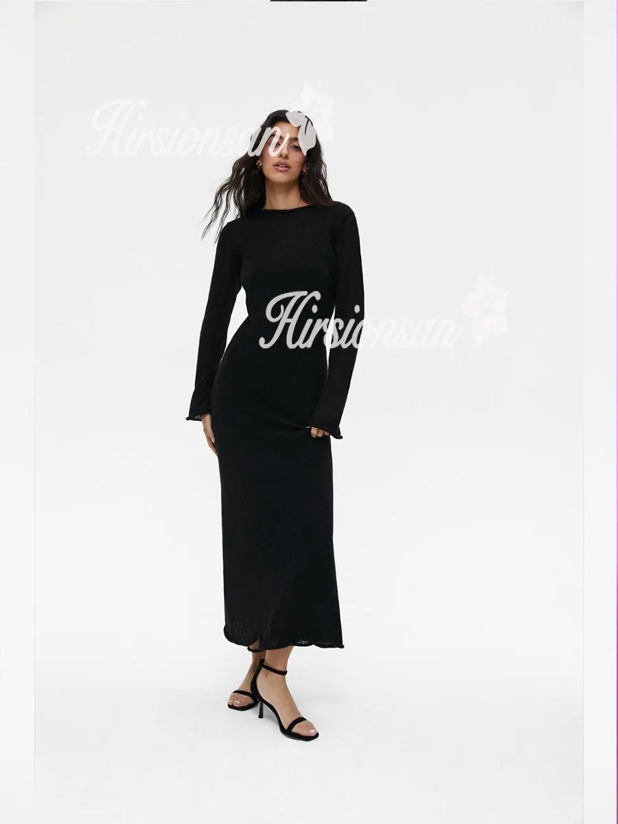 Hirsionsan Spring Autumn O-Neck Elastic Knit Long Dresses Women.