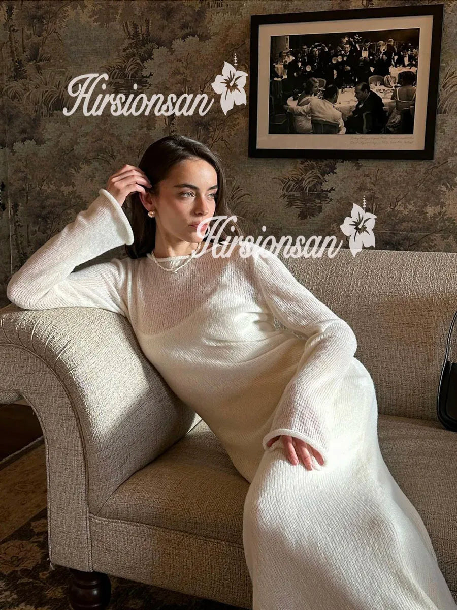 Hirsionsan Spring Autumn O-Neck Elastic Knit Long Dresses Women.