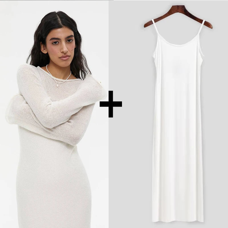 Hirsionsan Spring Autumn O-Neck Elastic Knit Long Dresses Women