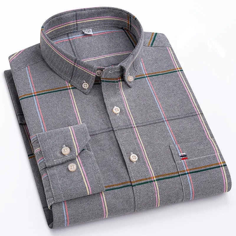 Long Sleeve Plaid Oxford Casual Solid Shirt