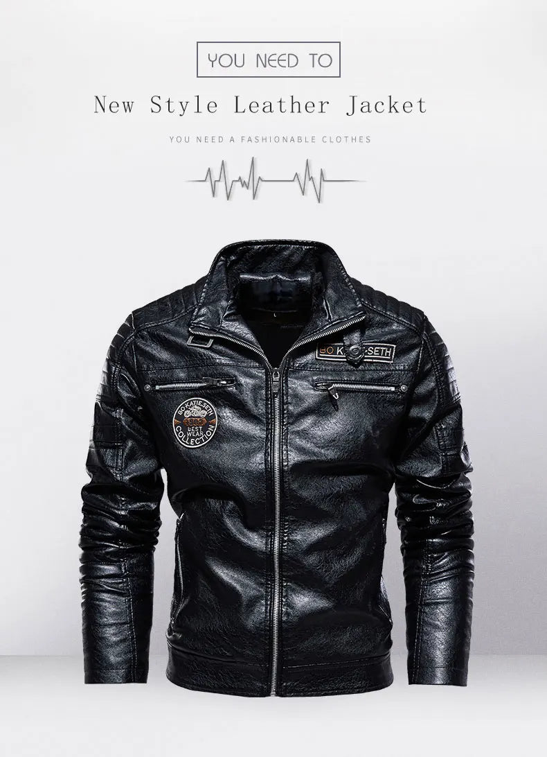 Leather Jacket Men Winter Fleece Motorcycle Faux