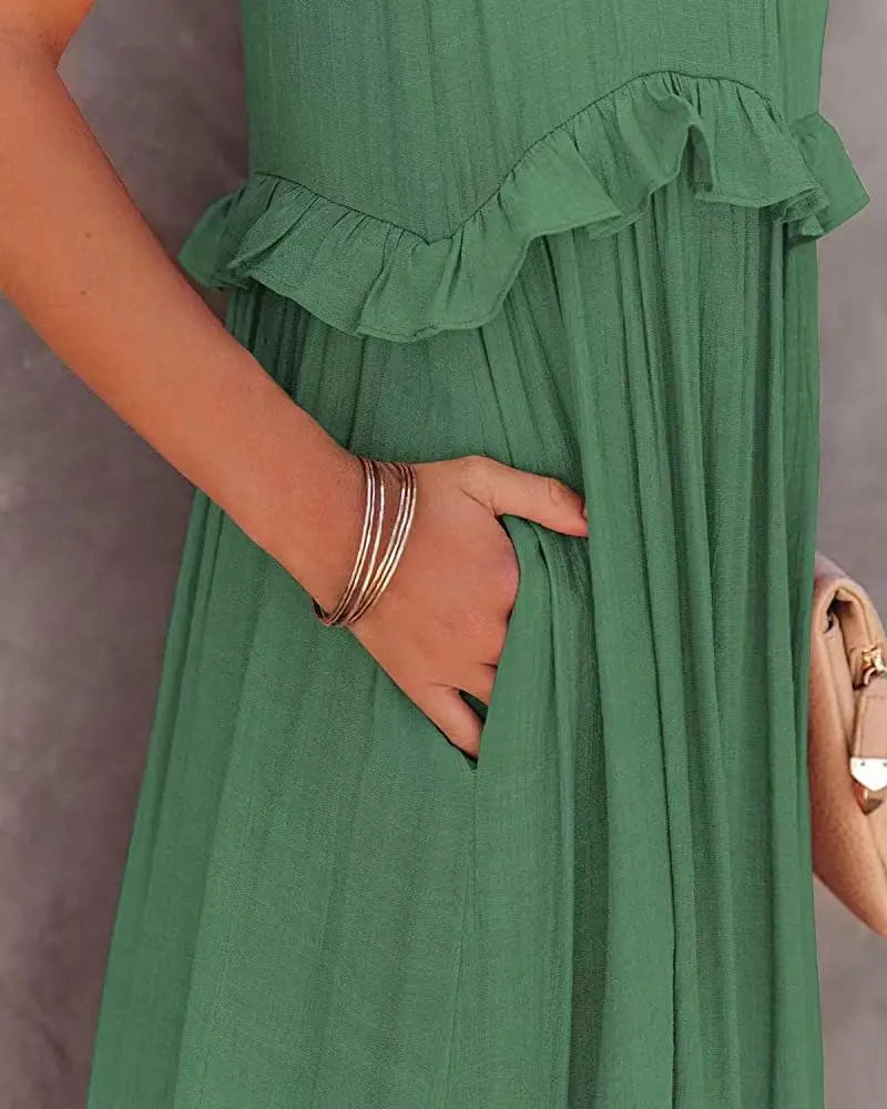 Women Casual Solid Ruffles Long Dress