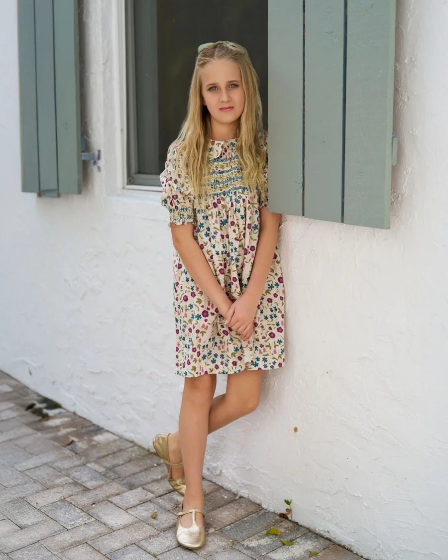 Summer Smocking dress Beige Floral & Cableknit collection for girls.