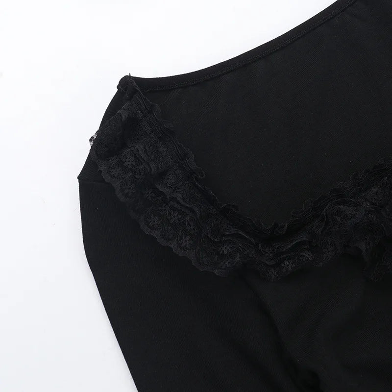 Goth Black Lace Trim Long Sleeve T-Shirts Vintage Sexy.