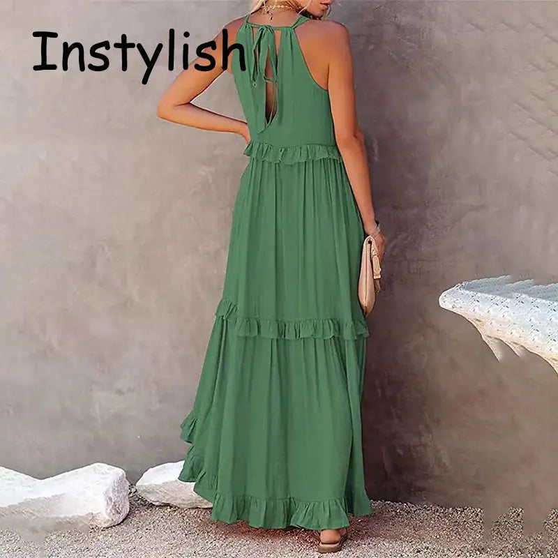 Women Casual Solid Ruffles Long Dress.