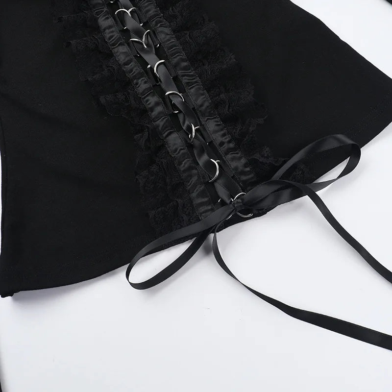 Goth Black Lace Trim Long Sleeve T-Shirts Vintage Sexy