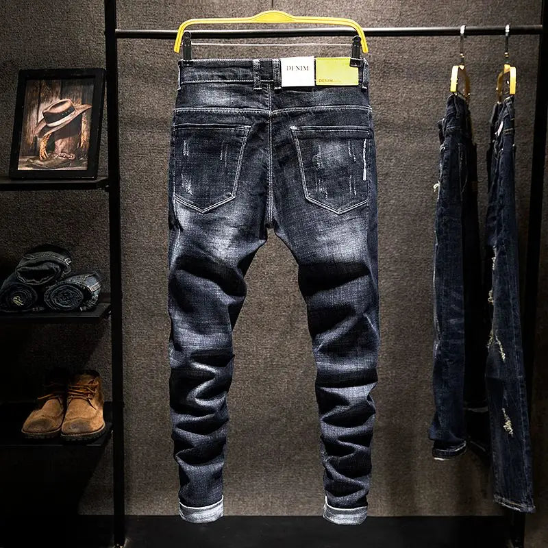 Men Ripped Worn-out Slim-fit Cotton Denim Pants