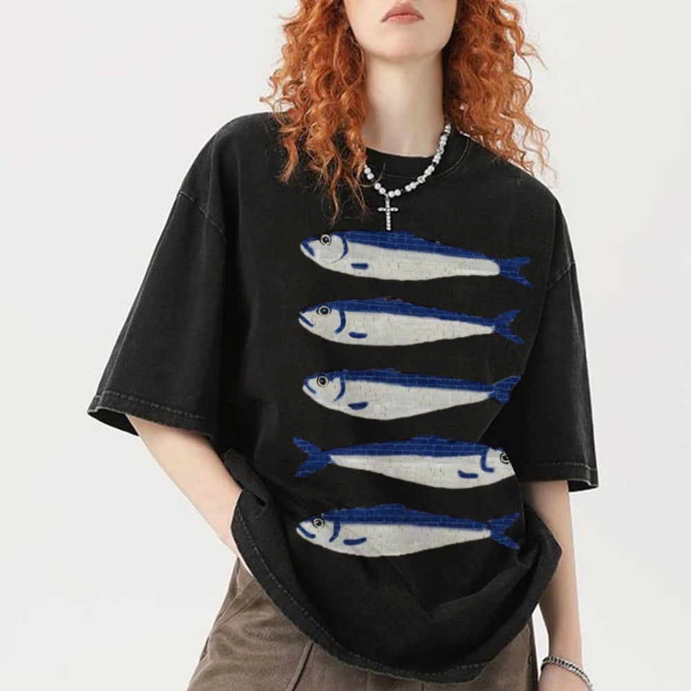 Gojo Cartoon Salted Fish Print Women's Loose T-Shirt Oversized