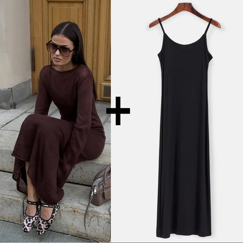 Hirsionsan Spring Autumn O-Neck Elastic Knit Long Dresses Women