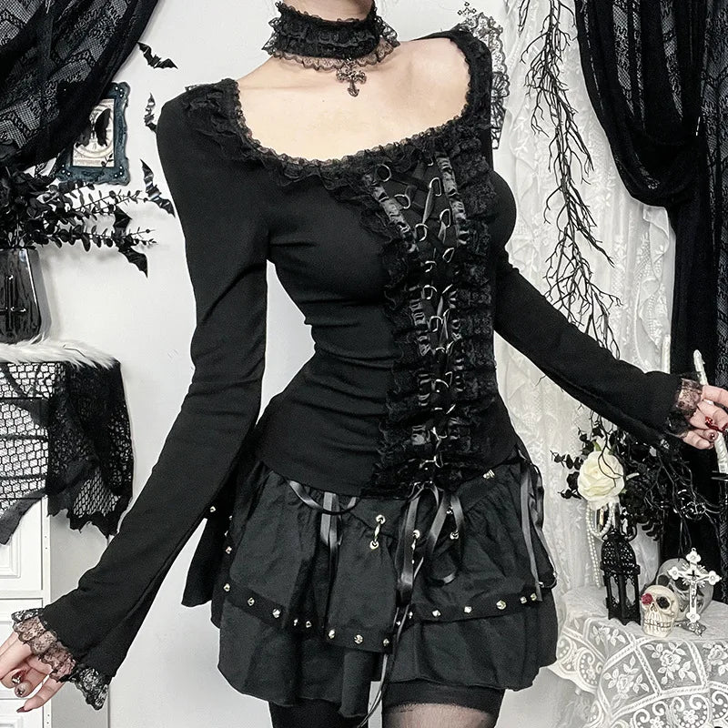 Goth Black Lace Trim Long Sleeve T-Shirts Vintage Sexy.