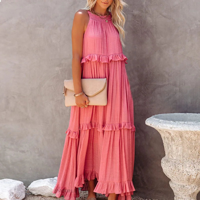 Women Casual Solid Ruffles Long Dress.