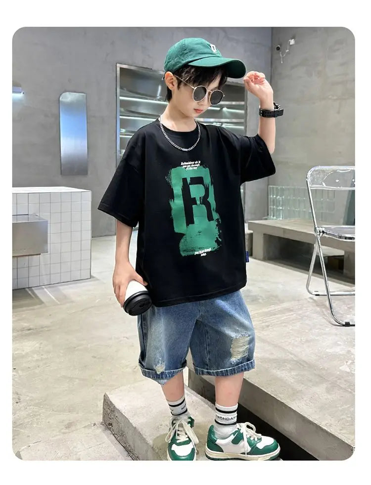 New Boys Fashion Summer 2pcs Cotton T-shirts+Denim Shorts.
