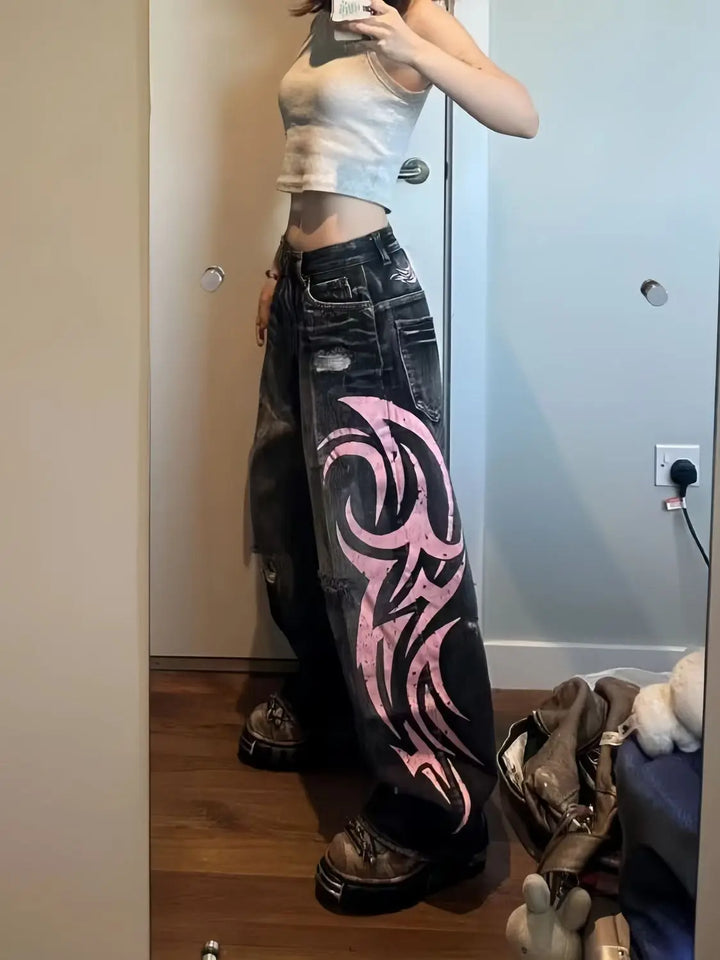 Mottled Totem Print Baggy Jeans Women's High Waist.
