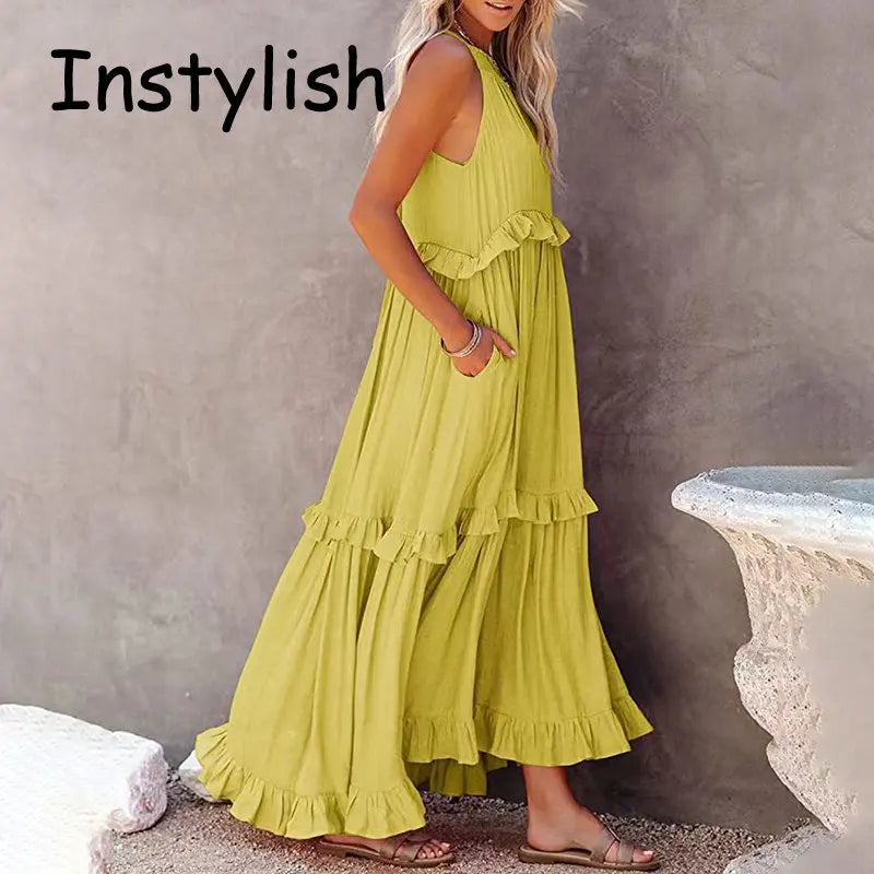 Women Casual Solid Ruffles Long Dress.