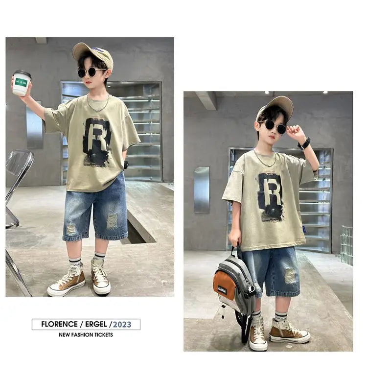 New Boys Fashion Summer 2pcs Cotton T-shirts+Denim Shorts.