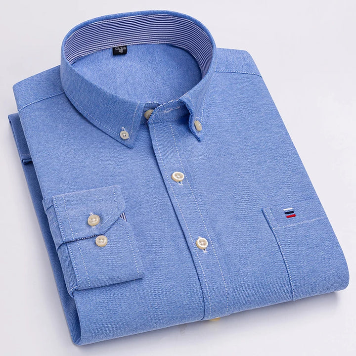 Long Sleeve Plaid Oxford Casual Solid Shirt
