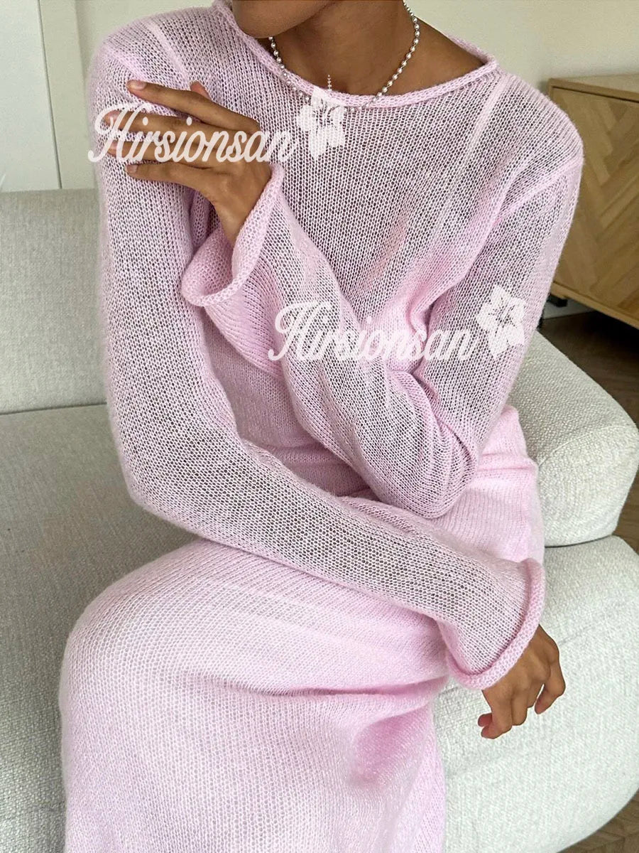 Hirsionsan Spring Autumn O-Neck Elastic Knit Long Dresses Women.