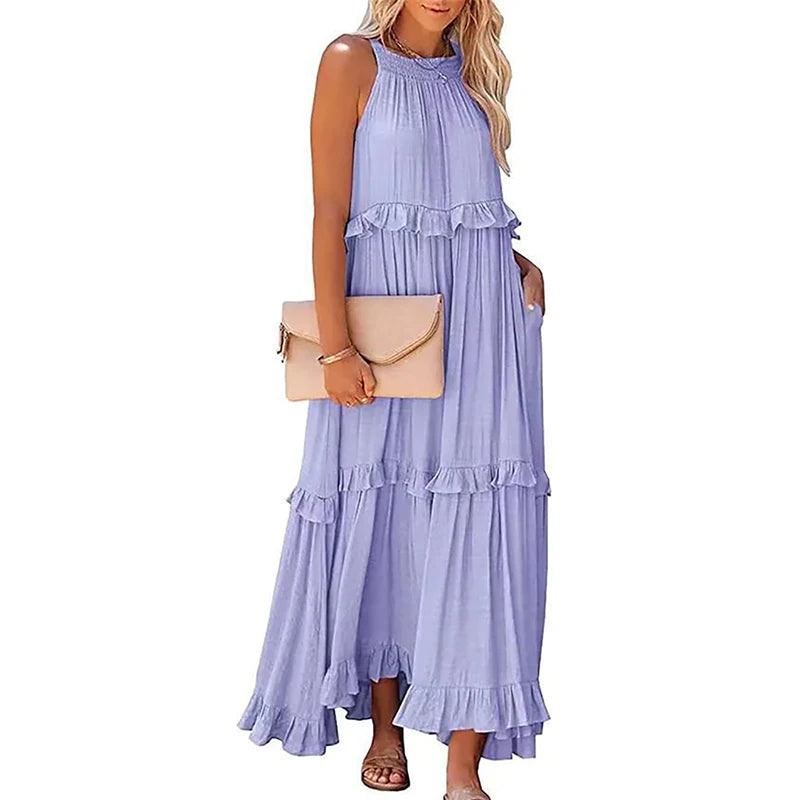 Women Casual Solid Ruffles Long Dress