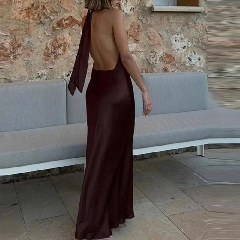 TRAF Halter Satin Long Dress Women.