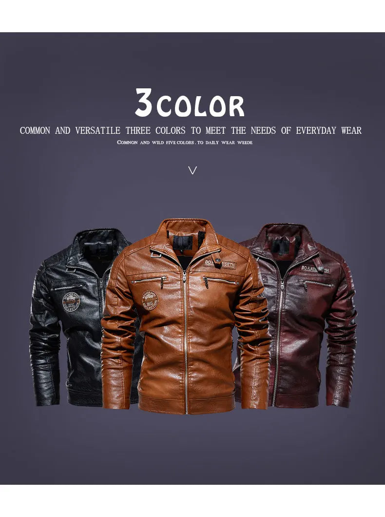 Leather Jacket Men Winter Fleece Motorcycle Faux