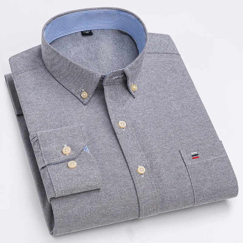 Long Sleeve Plaid Oxford Casual Solid Shirt