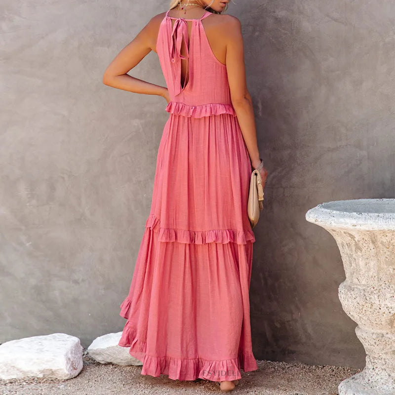 Women Casual Solid Ruffles Long Dress.
