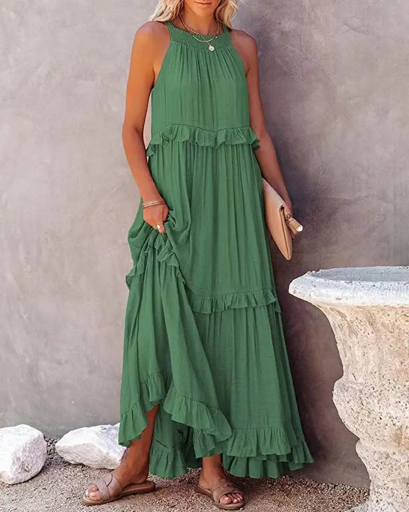 Women Casual Solid Ruffles Long Dress.